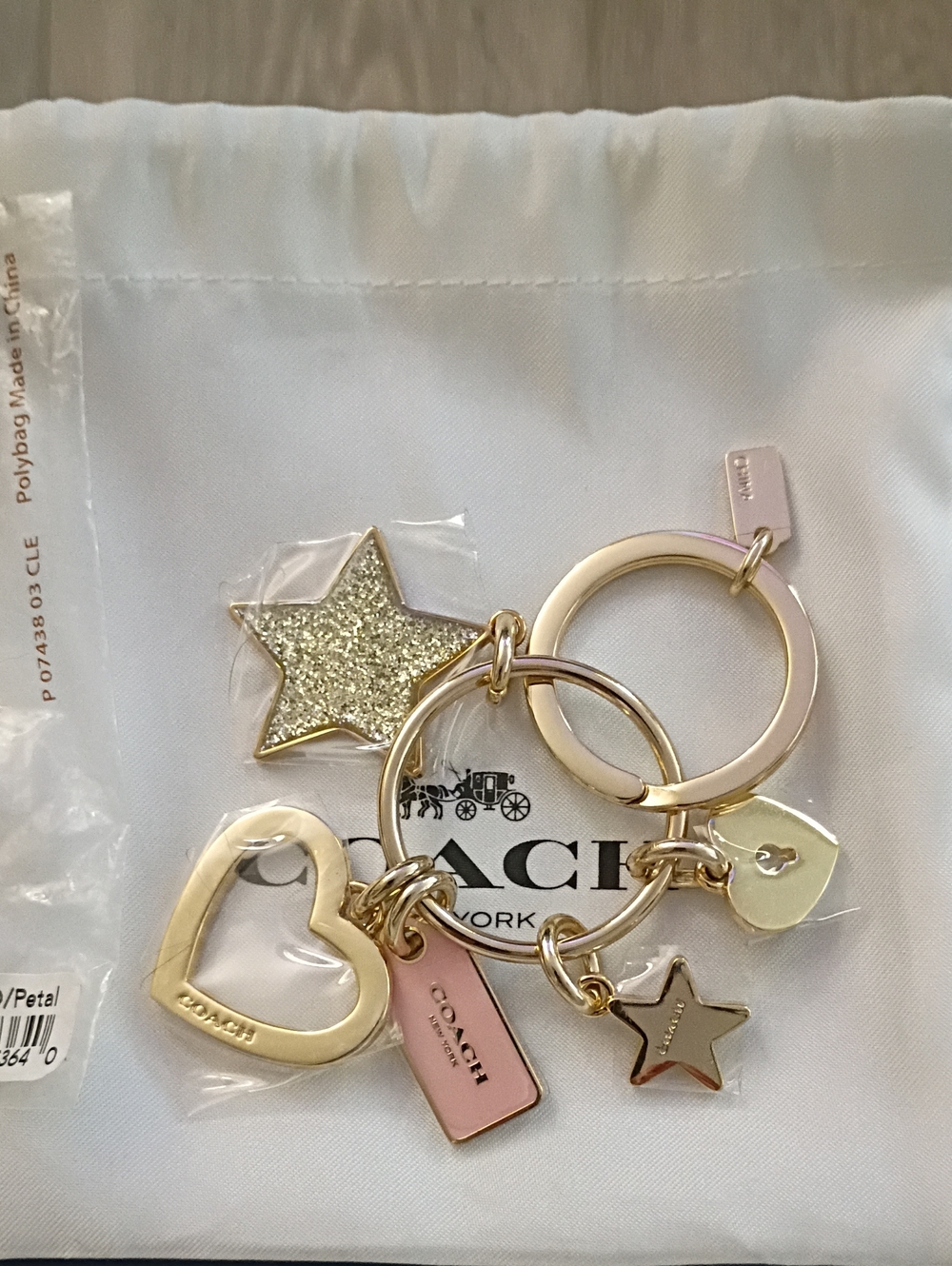 Coach Gold-Tone Keyring with Pink Enamel Tag and Heart & Star Charms